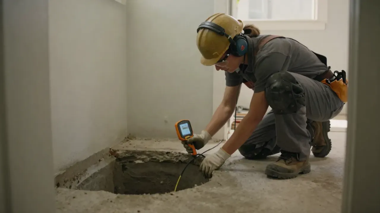 Slab Leak Repair in Missouri City, Texas: plumber using a digital leak detection device with headphones on, carefully