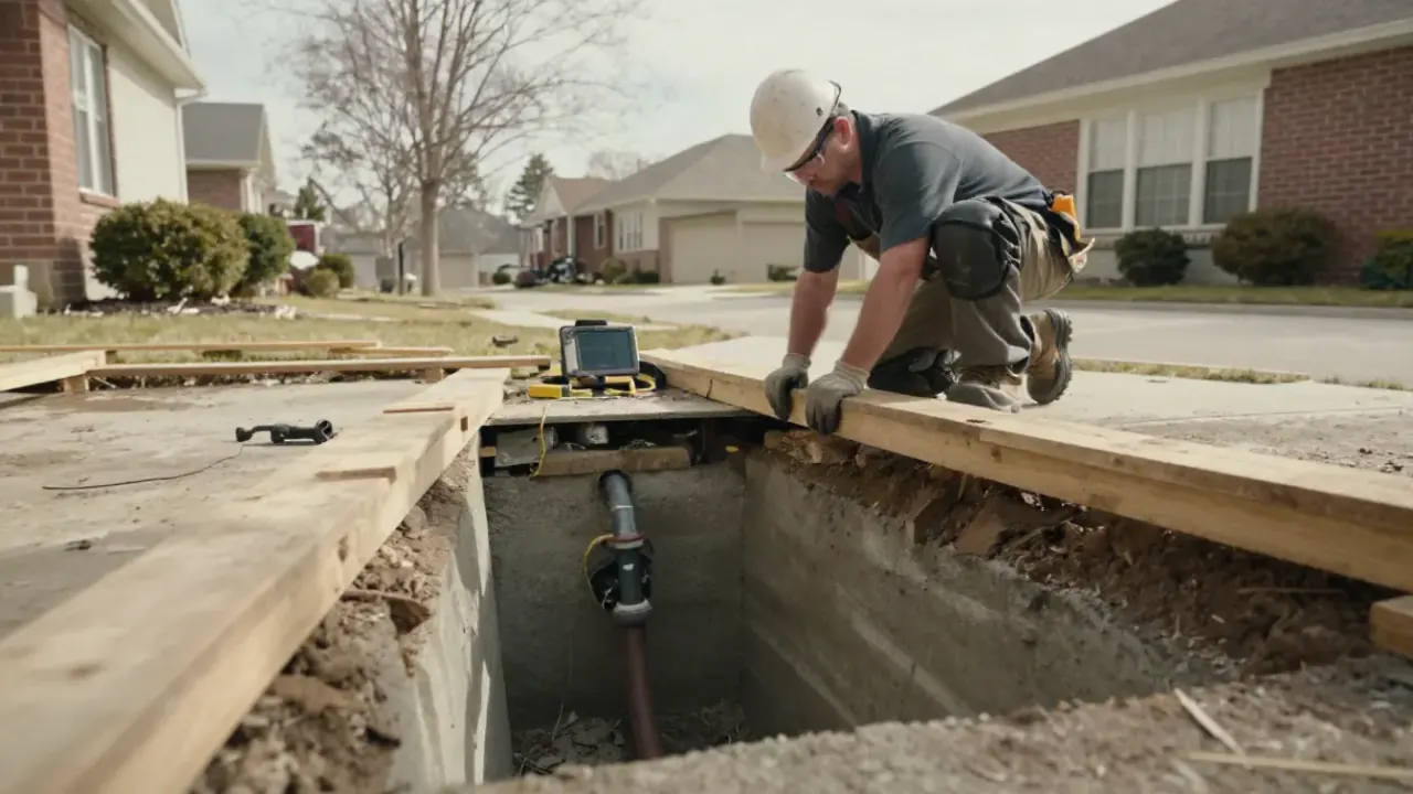 Slab Leak Tunneling (Under-Slab Access) in Missouri City, Texas: plumber carefully shoring up the sides of a newly dug